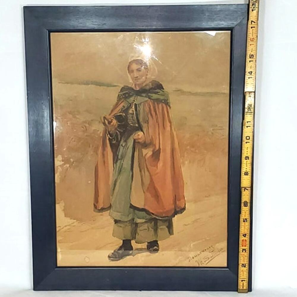 Vintage W.S. Satterlee Framed Art Print – Woman in Countryside Cloak Scene 14x18
